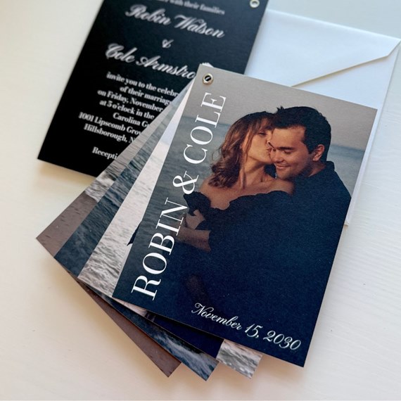 wedding invitation with photo placeholder and dark textured cards