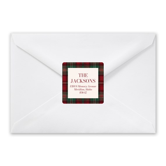 plaid address label on white envelope