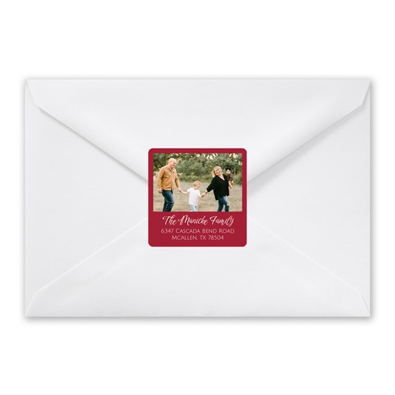 address label with photo area and text on white envelope