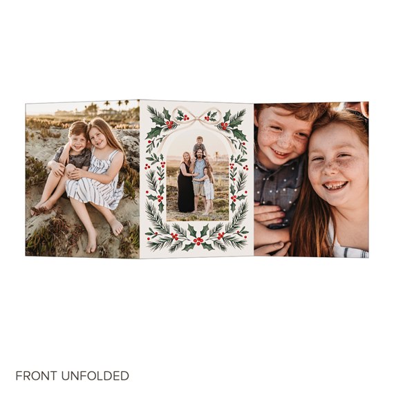 holiday cheer Christmas card with photo placeholders and festive border
