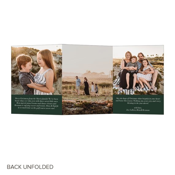 holiday card with photo placeholder, dark green background, white text