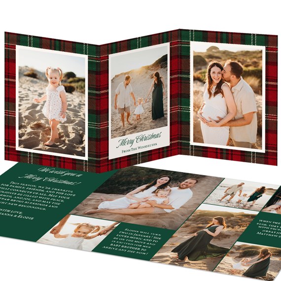 tri-fold Christmas card with photo placeholders and plaid design