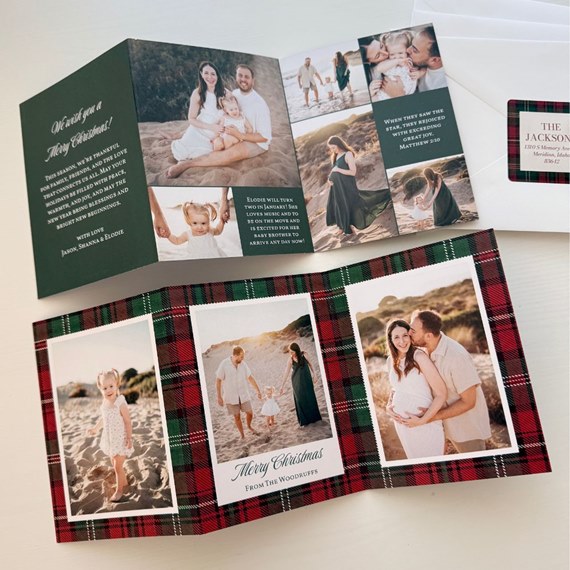 collage Christmas card with photo placeholders and plaid border