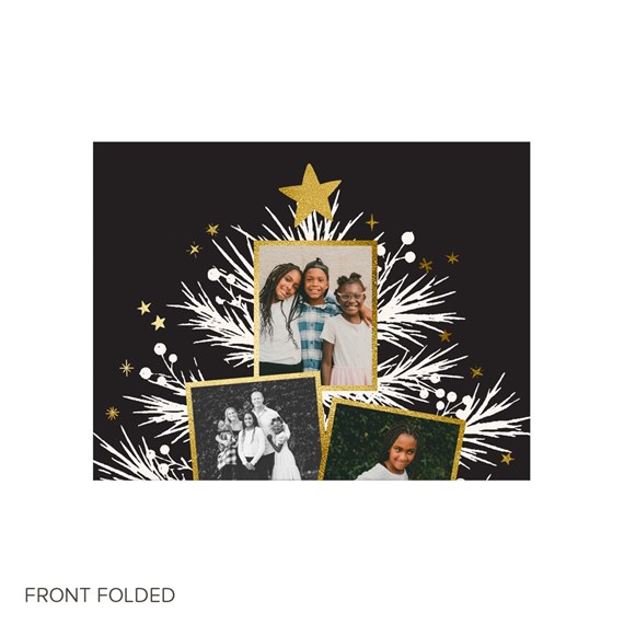 Christmas card with photo placeholders, tree design, gold accents