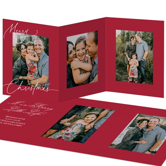 tri-fold christmas card with photo placeholders and text