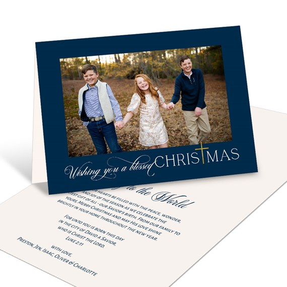 navy blue Christmas card with photo area, customizable text area