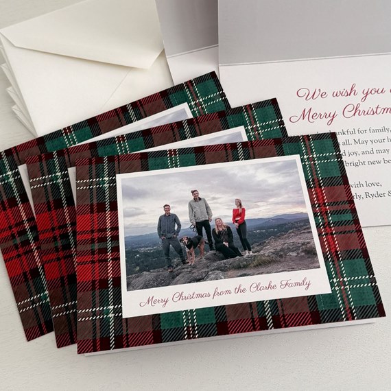 plaid Christmas card with photo placeholder