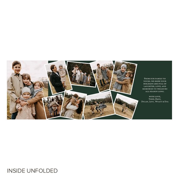 collage of photo placeholders on dark green background with printed text