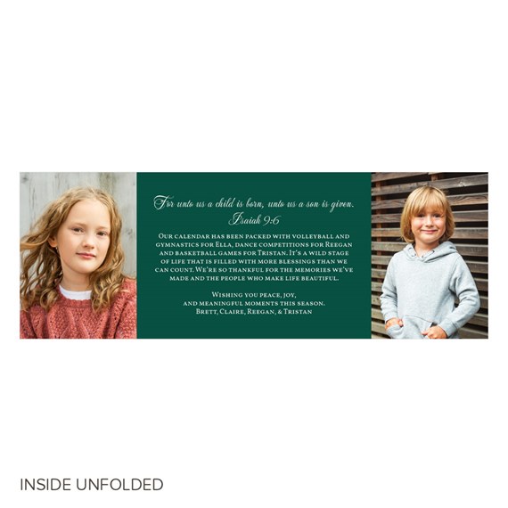photo placeholders, decorative text, scripture quote