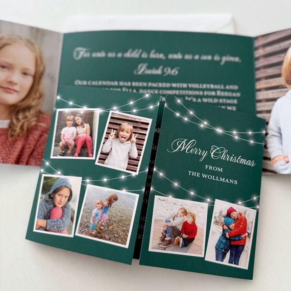 Christmas card with photo placeholders and string lights
