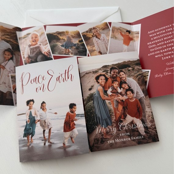 Christmas card with 'Peace on Earth' and family photo area