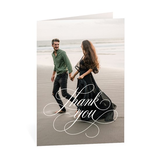 thank you card with script text and photo area
