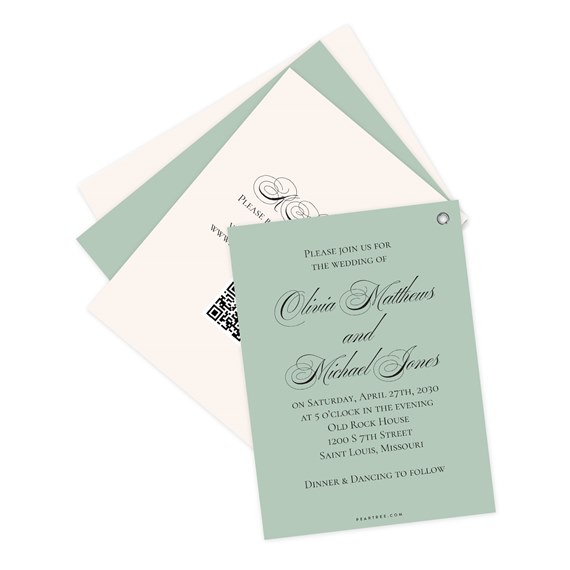 wedding invitation with scrawled script and QR code, customizable text area