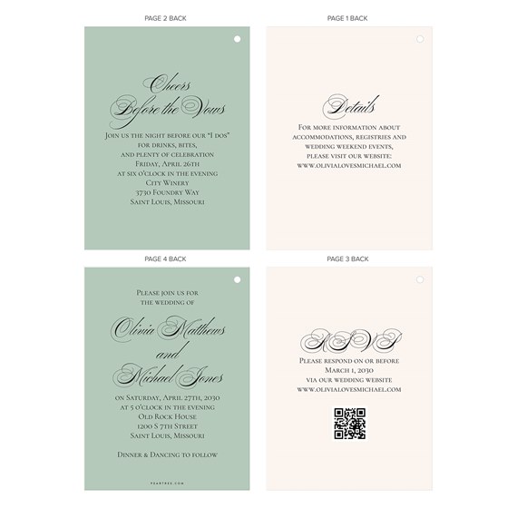 wedding invitations with soft green background and black script text