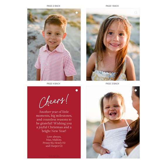 Christmas card with photo placeholders, red background, customizable text area