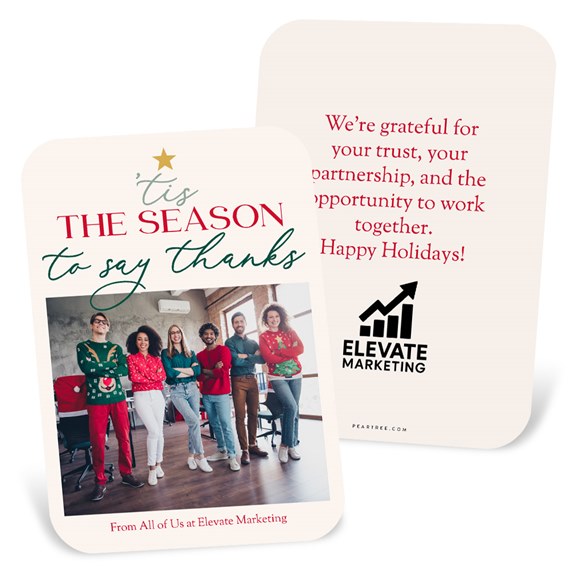 holiday card with festive design and photo area