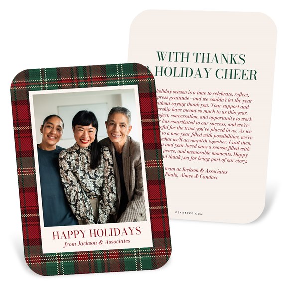 holiday card with photo placeholder and plaid border