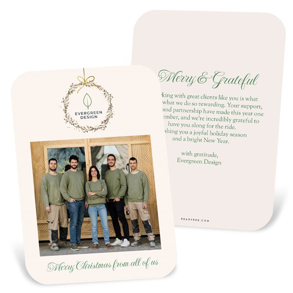 holiday card with photo placeholder and wreath design