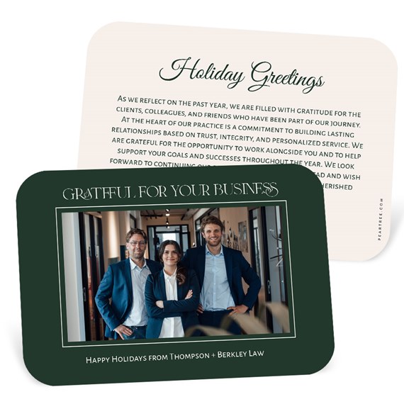 holiday card with photo placeholder, dark green frame, beige background