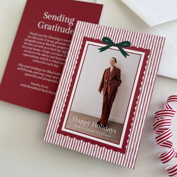 holiday card with photo placeholder and striped border