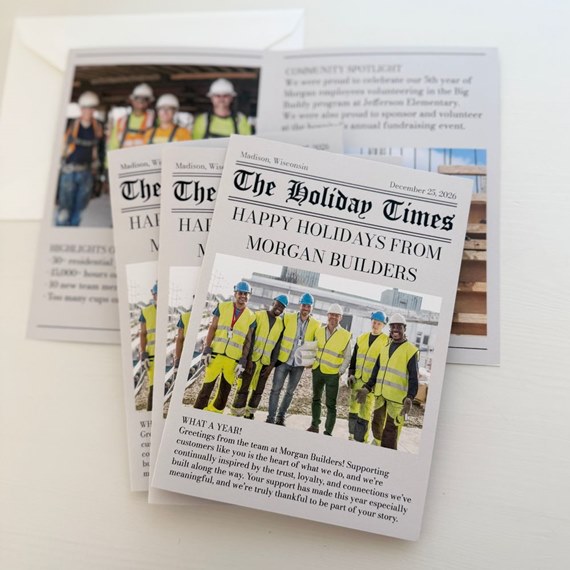 holiday card with photo area and newspaper style design