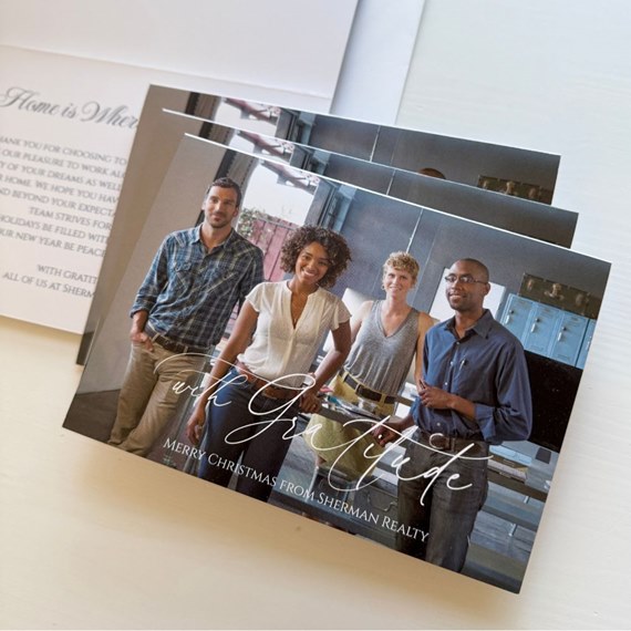 holiday card with gratitude text and group photo area