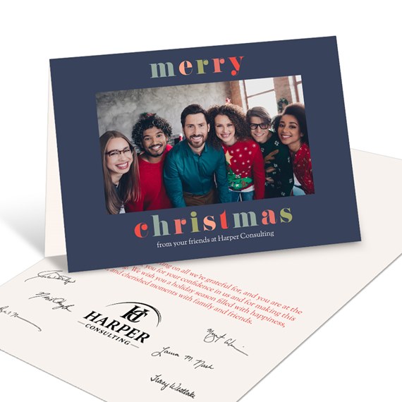 holiday card with photo placeholder and colorful text
