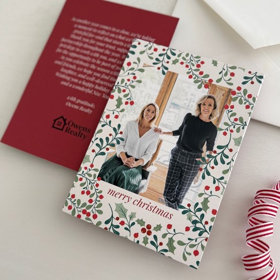 holiday card with holly border and photo area
