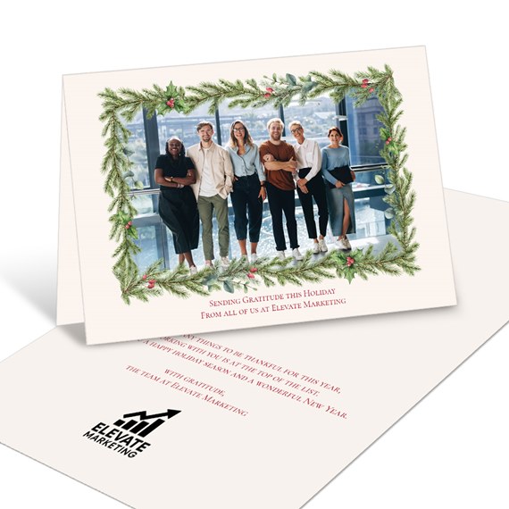 holiday card with garland frame and customizable text area