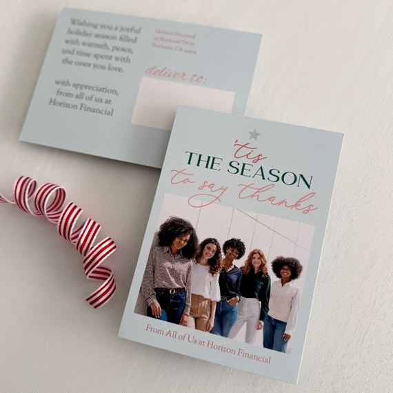 holiday postcard with photo area and festive text