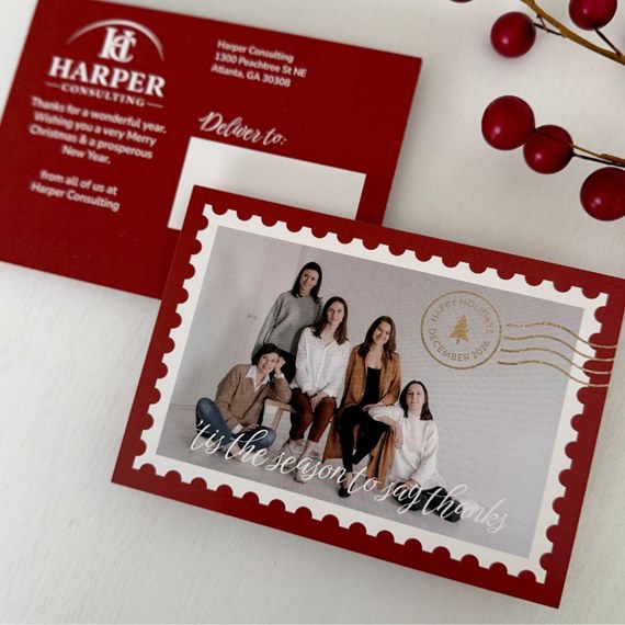 holiday postcard with photo area and scalloped border