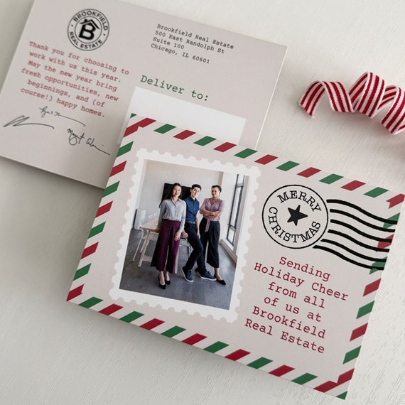 postcard design with photo area and holiday greeting