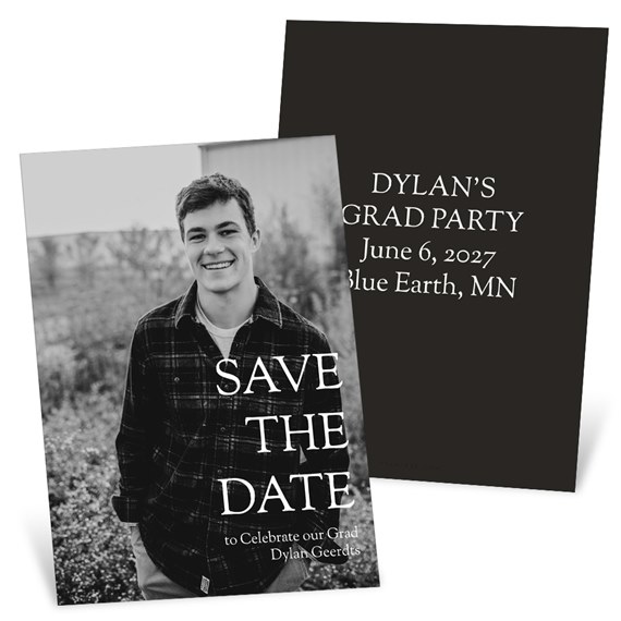 photo placeholder on left, dark background with white text on right