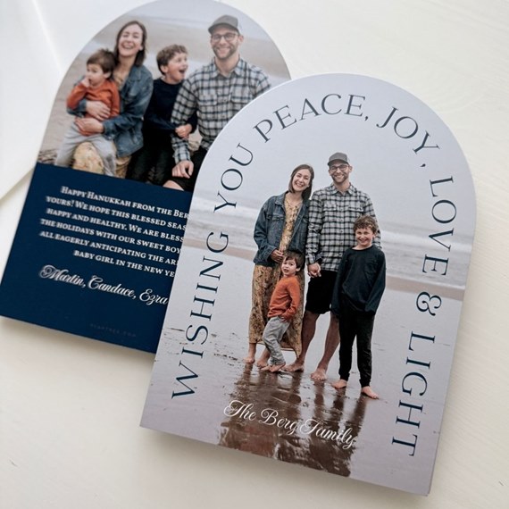 photo placeholder, rounded top card, blue background