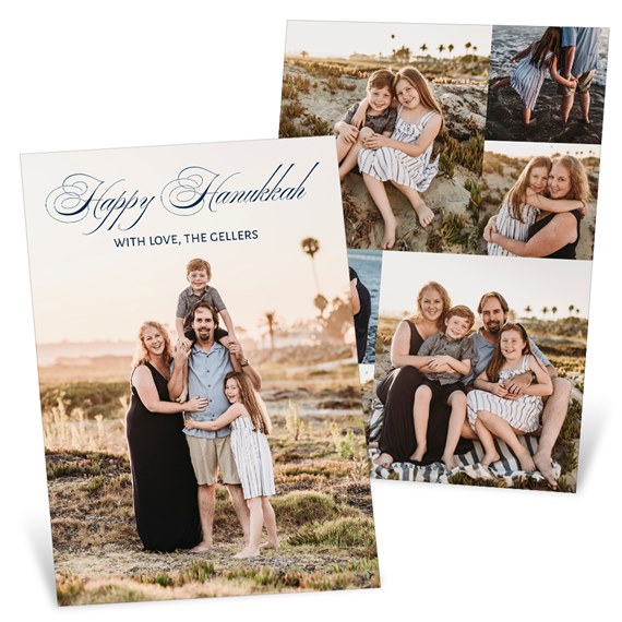 folded card with family photo areas, elegant script text