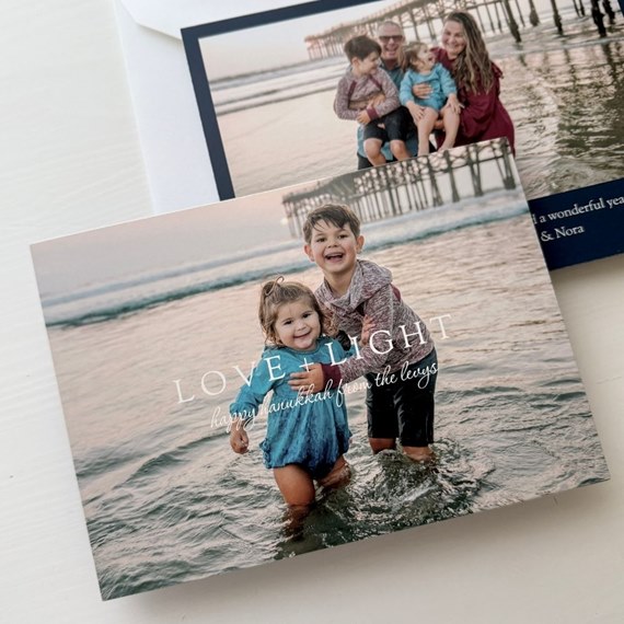 photo placeholder with text 'LOVE + LIGHT' and 'happy hanukkah from the levys'