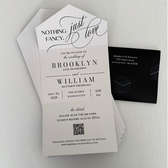 wedding invitation with customizable text area and dark envelope