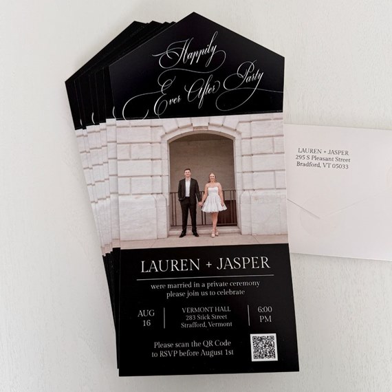 black wedding invitation with photo area and QR code