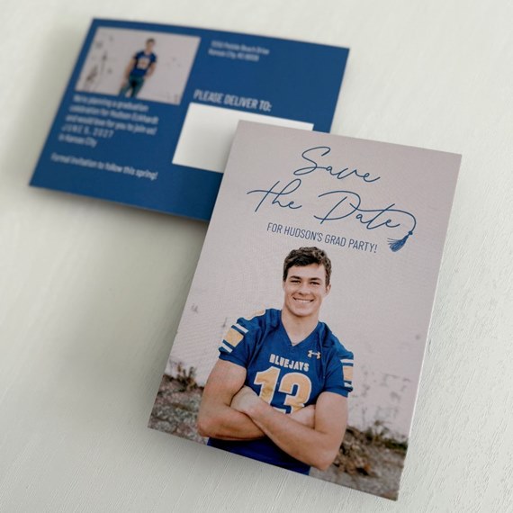 Save the Date postcard with photo placeholder and decorative text