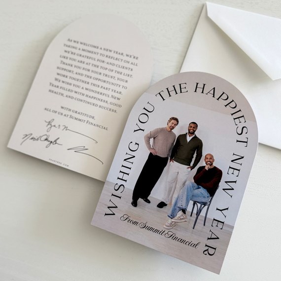 photo placeholder with rounded corners, greeting text