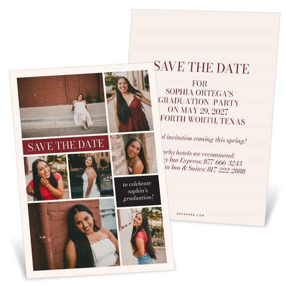 save the date card with photo placeholders and maroon borders