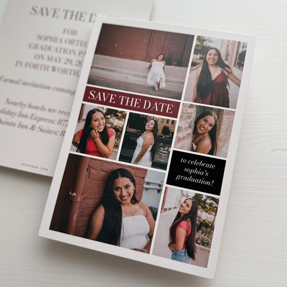 collage save the date card with photo placeholders and text