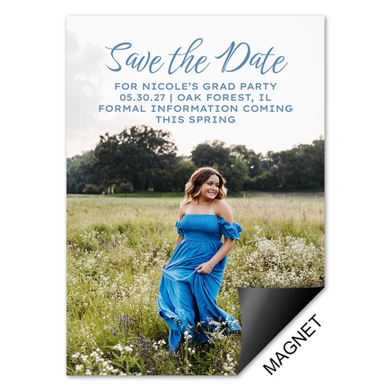 save the date magnet with event details and photo area