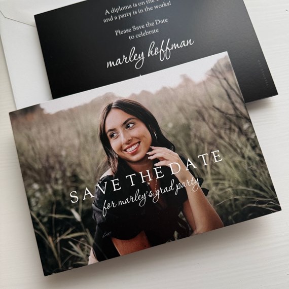 photo placeholder with text 'SAVE THE DATE' and 'for marley's grad party'