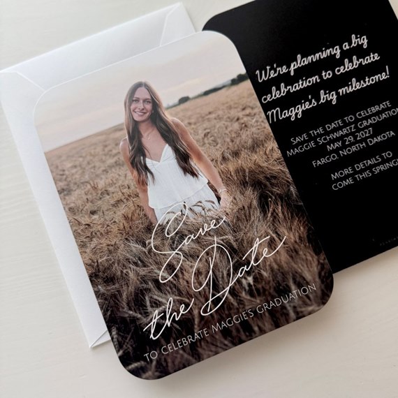 save the date card with photo placeholder and script text