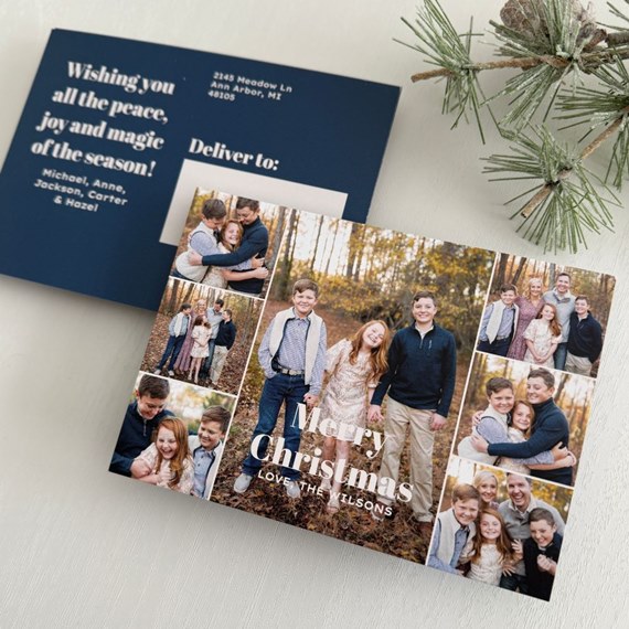 collage postcard with multiple family photos and holiday greeting
