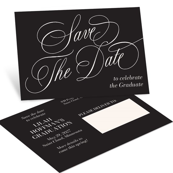 black save the date postcard with flowing white calligraphy and photo area