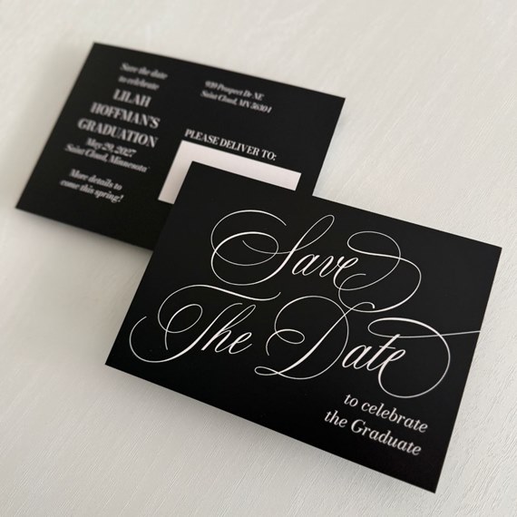 black postcard with flowing white calligraphy and customizable text area