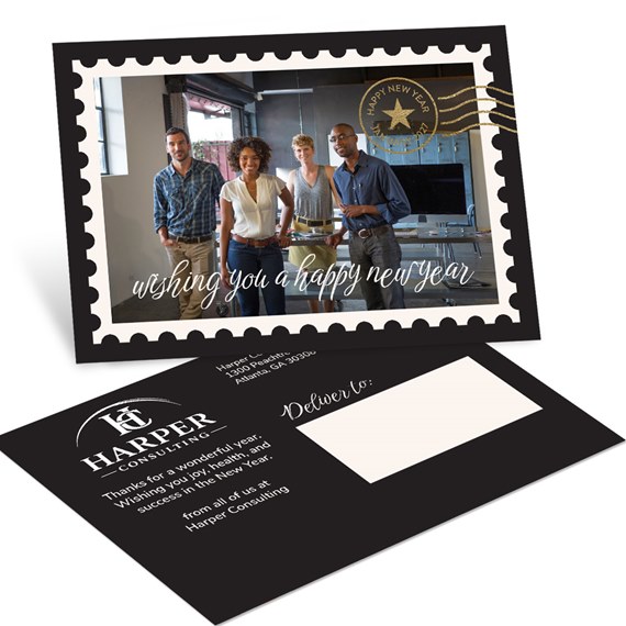 postcard with photo area and logo placeholder