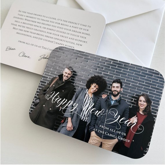 New Year card with photo area and script text